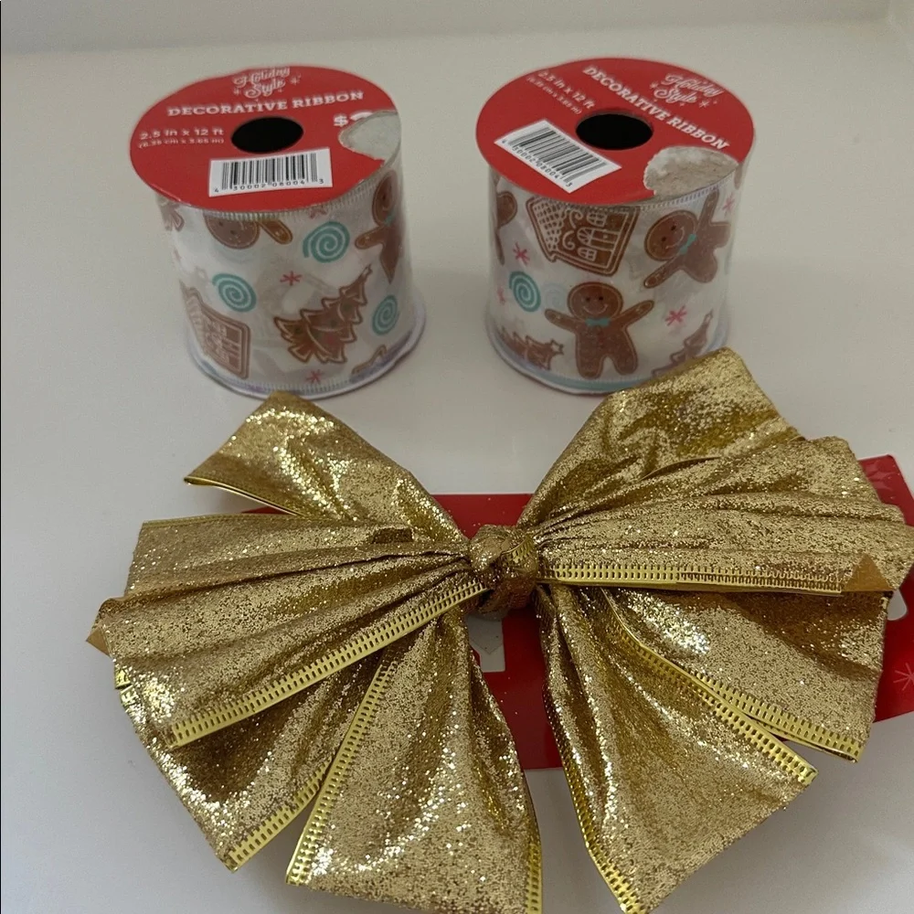 🌸NEW Gold Glitter Bow Decorative and 2 gingerbread Ribbon -